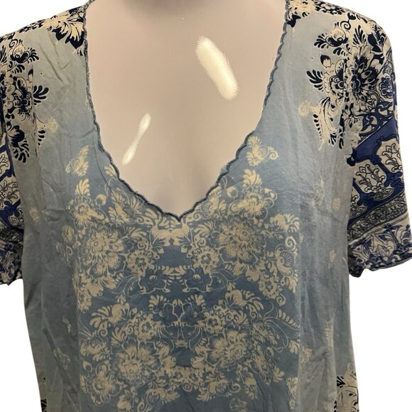 Johnny Was Floral Tunic Top Size L Blue V Neck Boho Chic Flowy Gypsy Bohemian - Picture 10 of 12
